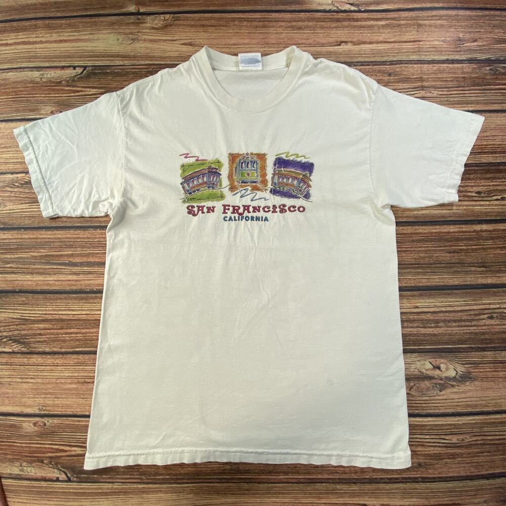 VTG San Fransisco Cable Cars White Short Sleeve Graphic Shirt Men's M Glitter